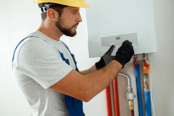 A man in a hard hat and overalls inspects a water heater for maintenance.