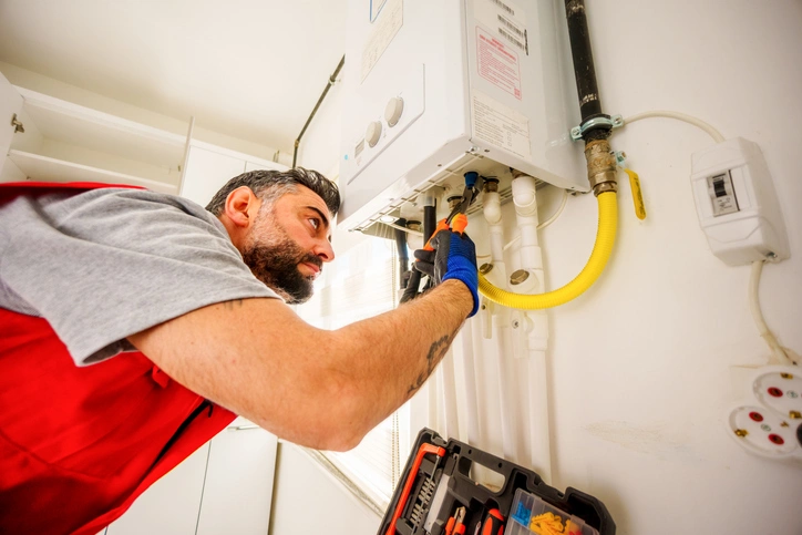 A man in a red shirt and vest repairs a water heater.